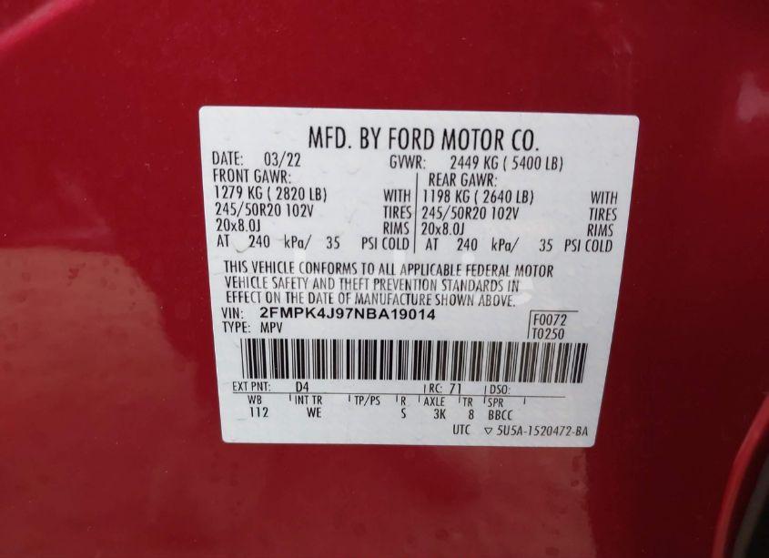 Photo 9 of 2022 Ford Edge ST-LINE (VIN 2FMPK4J97NBA19014)