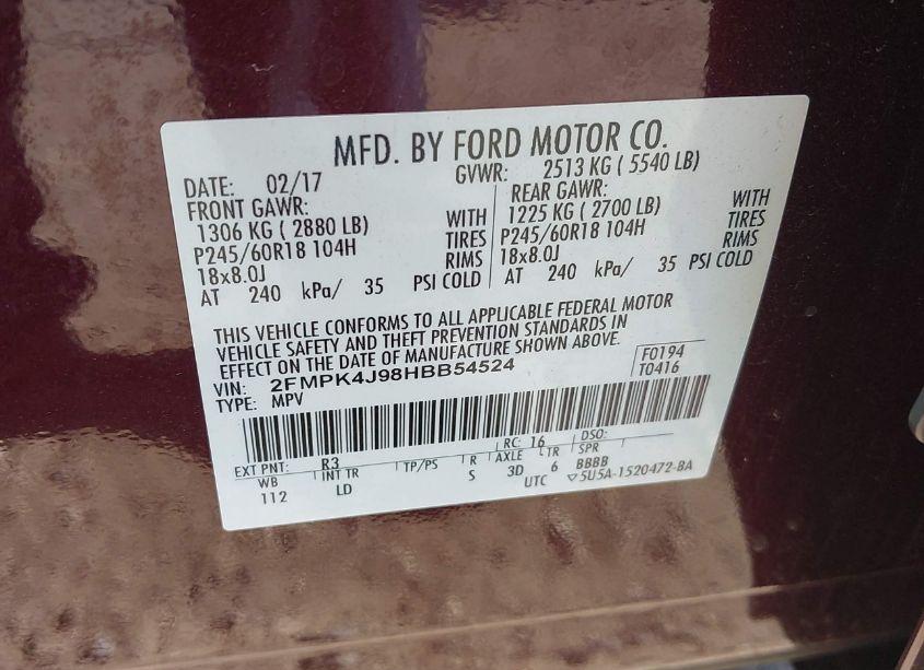 Photo 9 of 2017 Ford Edge SEL (VIN 2FMPK4J98HBB54524)