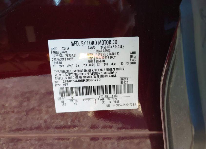 Photo 9 of 2019 Ford Edge SEL (VIN 2FMPK4J98KBB86770)