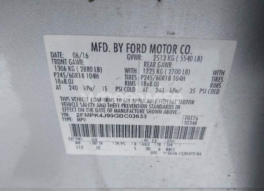 Photo 9 of 2016 Ford Edge SEL (VIN 2FMPK4J99GBC03633)