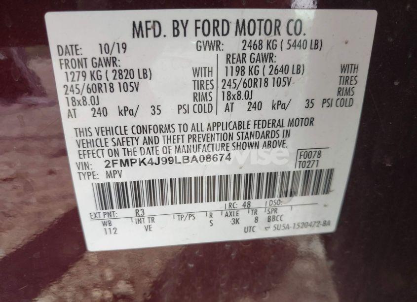 Photo 9 of 2020 Ford Edge SEL (VIN 2FMPK4J99LBA08674)
