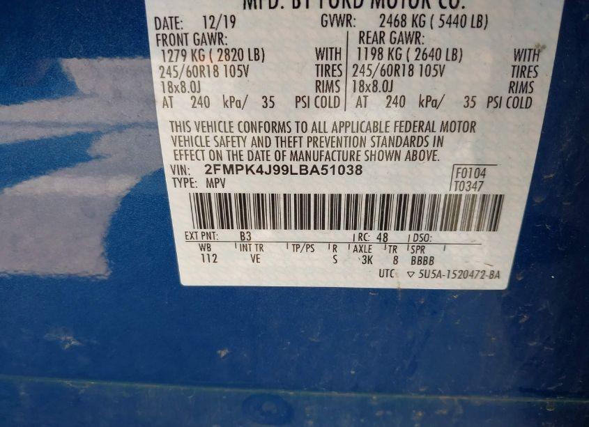 Photo 9 of 2020 Ford Edge SEL (VIN 2FMPK4J99LBA51038)