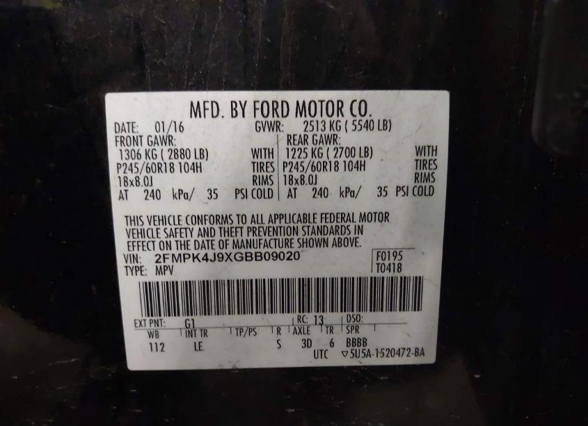 Photo 9 of 2016 Ford Edge SEL (VIN 2FMPK4J9XGBB09020)