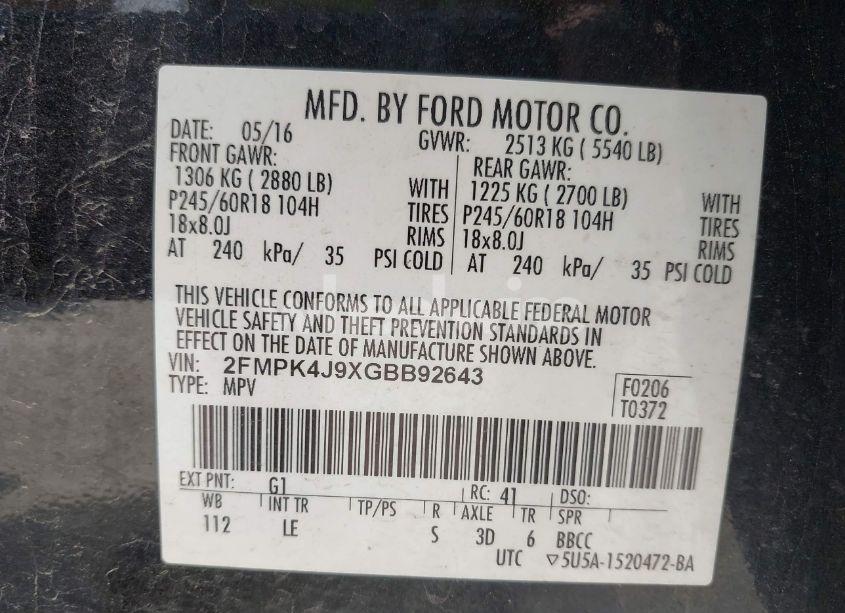 Photo 9 of 2016 Ford Edge SEL (VIN 2FMPK4J9XGBB92643)