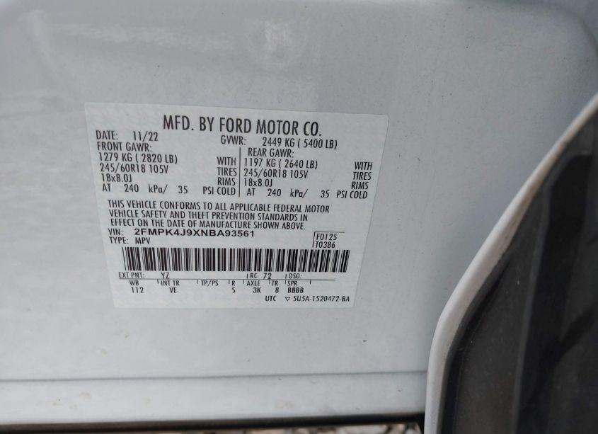 Photo 9 of 2022 Ford Edge SEL (VIN 2FMPK4J9XNBA93561)