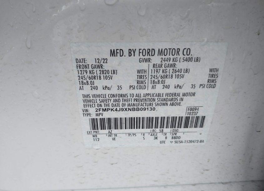 Photo 9 of 2022 Ford Edge SEL (VIN 2FMPK4J9XNBB09130)