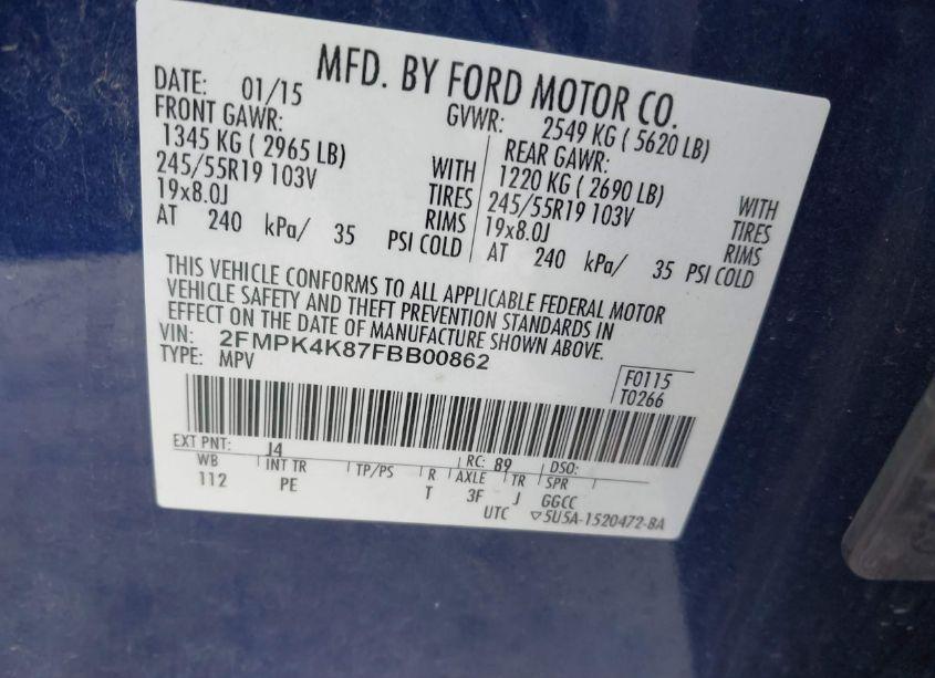 Photo 9 of 2015 Ford Edge TITANIUM (VIN 2FMPK4K87FBB00862)