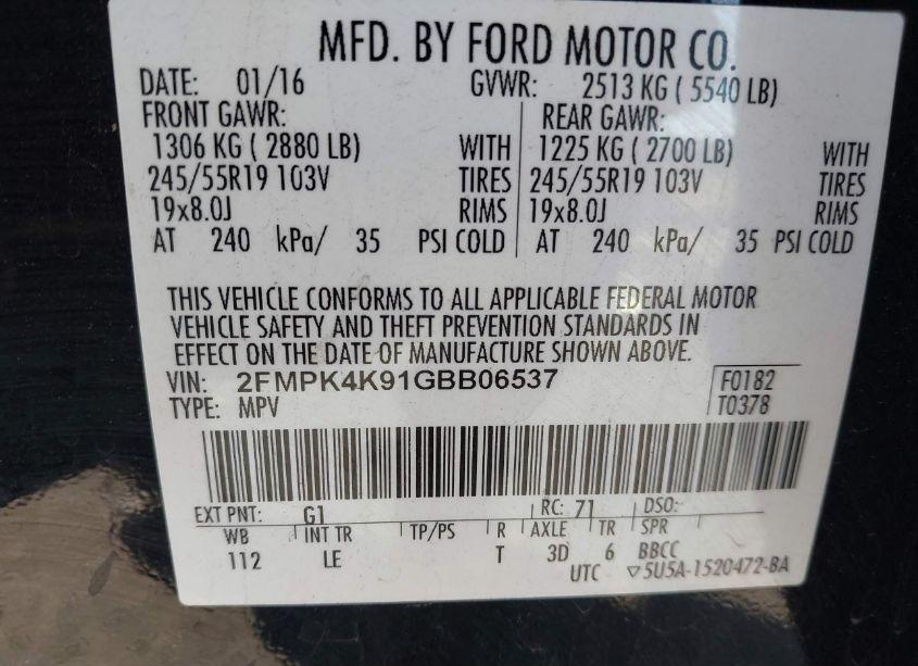 Photo 9 of 2016 Ford Edge TITANIUM (VIN 2FMPK4K91GBB06537)