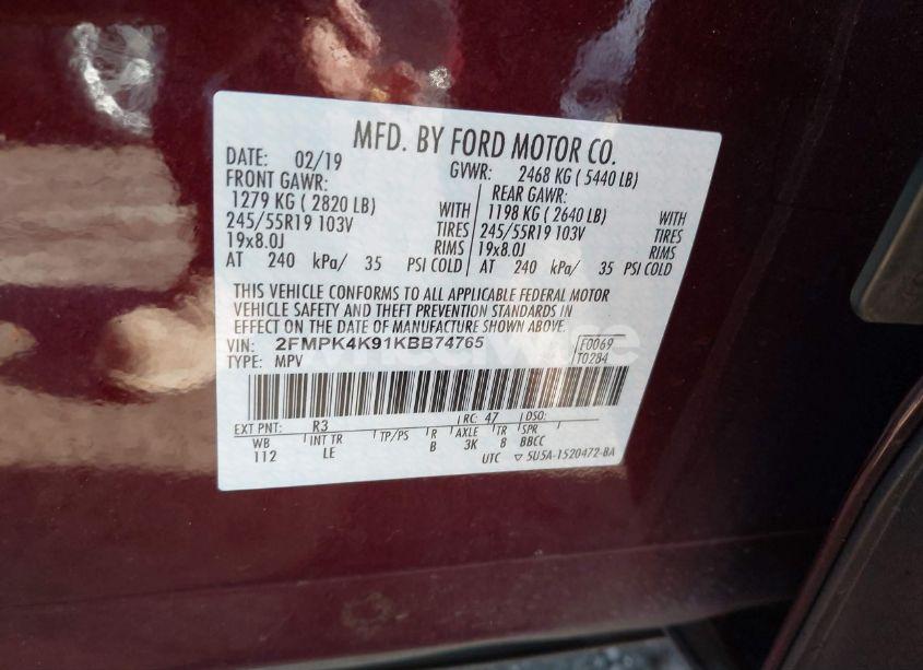 Photo 9 of 2019 Ford Edge TITANIUM (VIN 2FMPK4K91KBB74765)