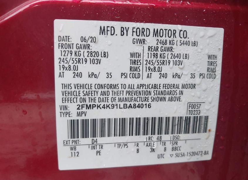 Photo 9 of 2020 Ford Edge TITANIUM (VIN 2FMPK4K91LBA84016)