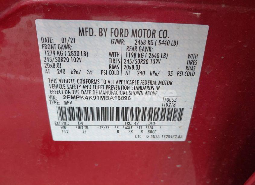 Photo 9 of 2021 Ford Edge TITANIUM (VIN 2FMPK4K91MBA16896)