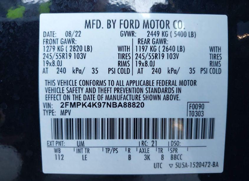 Photo 9 of 2022 Ford Edge TITANIUM (VIN 2FMPK4K97NBA88820)