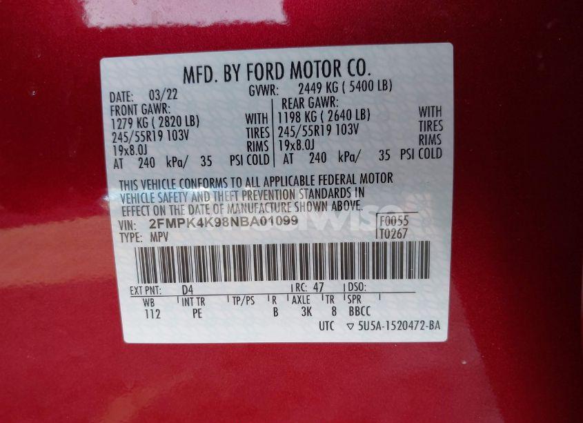 Photo 9 of 2022 Ford Edge TITANIUM (VIN 2FMPK4K98NBA01099)