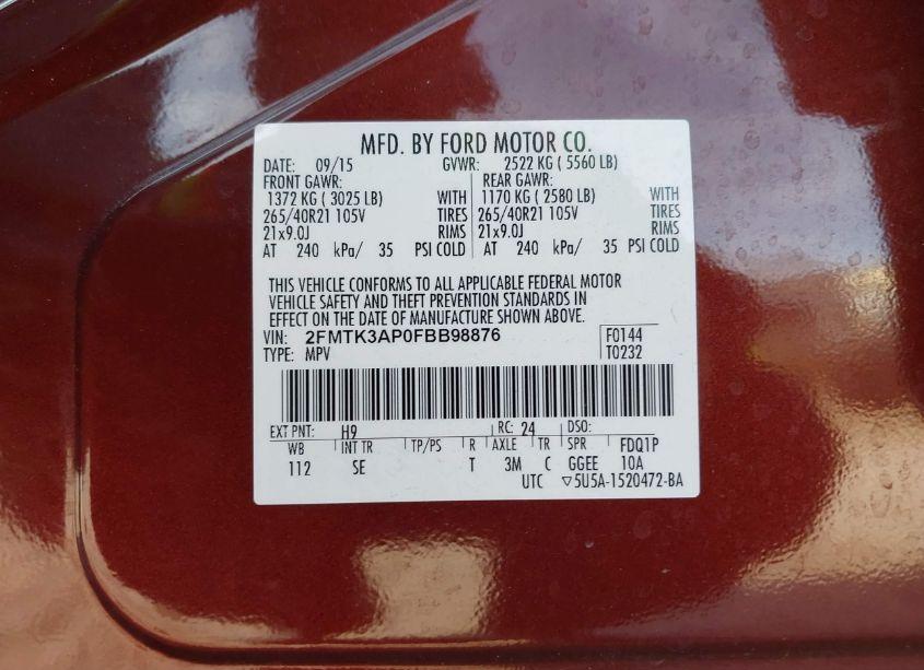 Photo 9 of 2015 Ford Edge SPORT (VIN 2FMTK3AP0FBB98876)