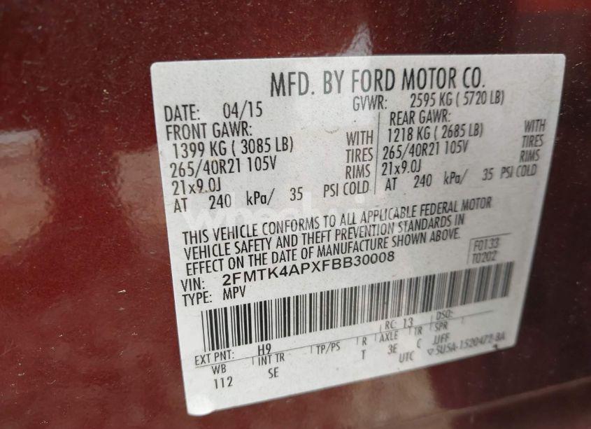 Photo 9 of 2015 Ford Edge SPORT (VIN 2FMTK4APXFBB30008)