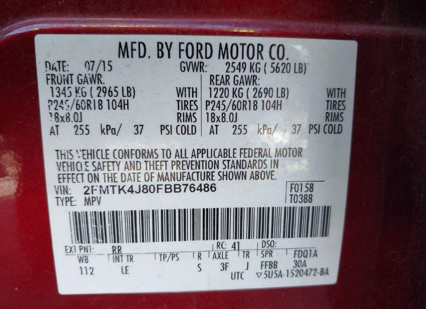 Photo 9 of 2015 Ford Edge SEL (VIN 2FMTK4J80FBB76486)
