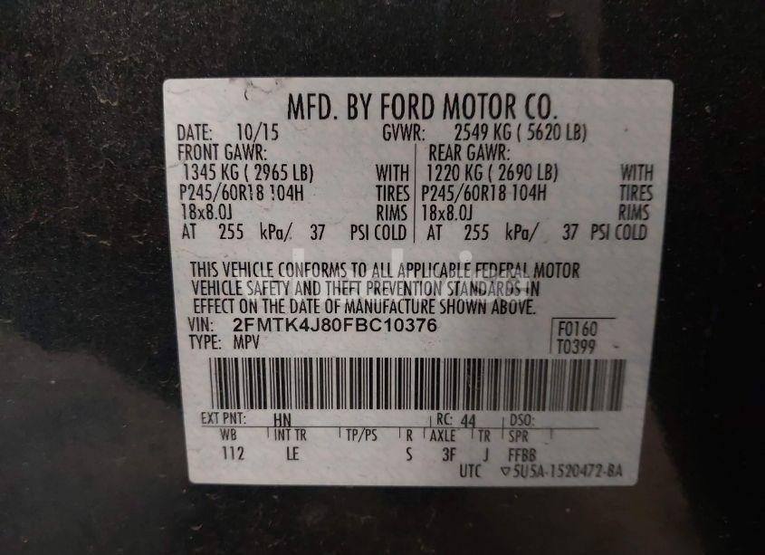 Photo 9 of 2015 Ford Edge SEL (VIN 2FMTK4J80FBC10376)