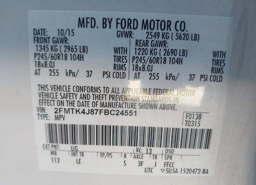 Photo 9 of 2015 Ford Edge SEL (VIN 2FMTK4J87FBC24551)