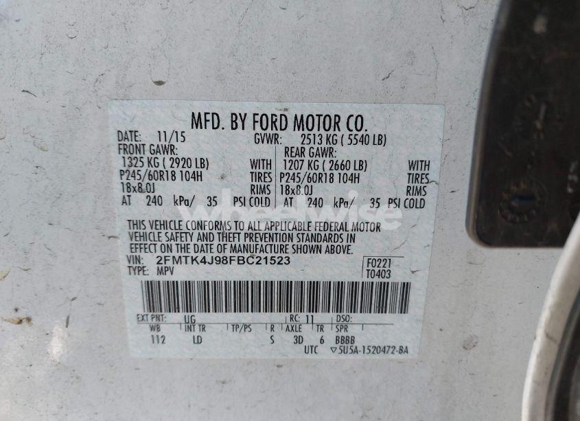 Photo 9 of 2015 Ford Edge SEL (VIN 2FMTK4J98FBC21523)