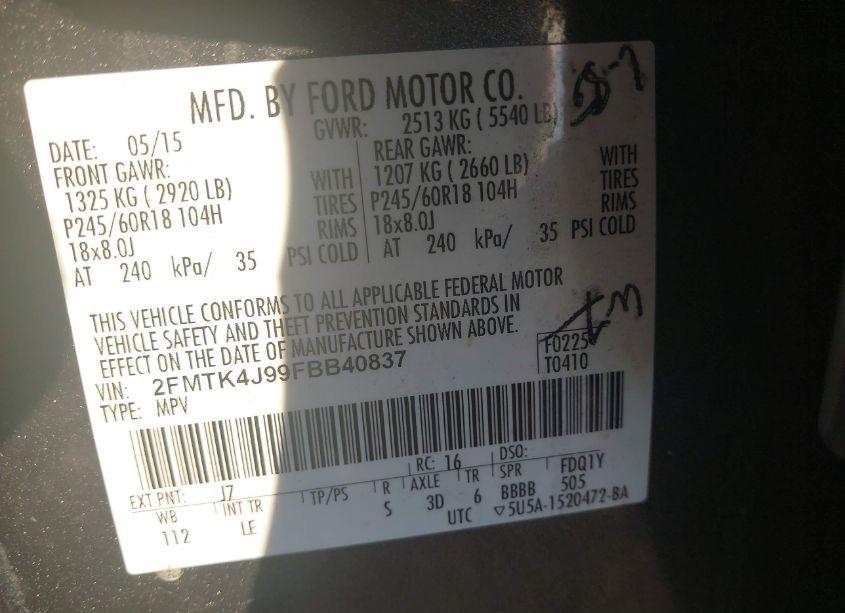 Photo 9 of 2015 Ford Edge SEL (VIN 2FMTK4J99FBB40837)