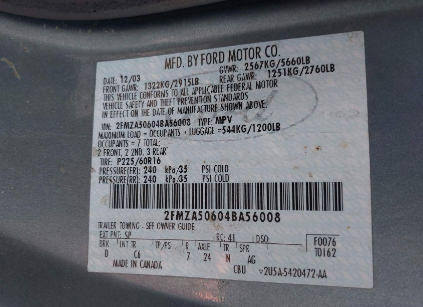 Photo 9 of 2004 Ford Freestar S (VIN 2FMZA50604BA56008)