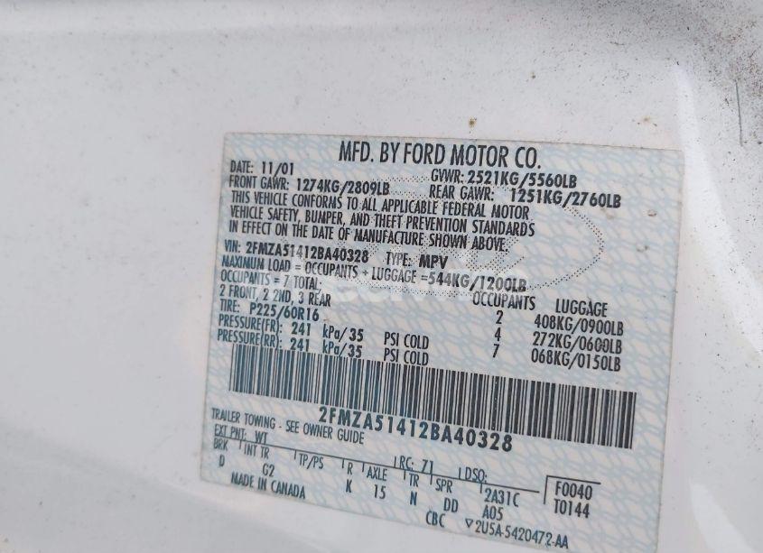 Photo 9 of 2002 Ford Windstar LX (VIN 2FMZA51412BA40328)