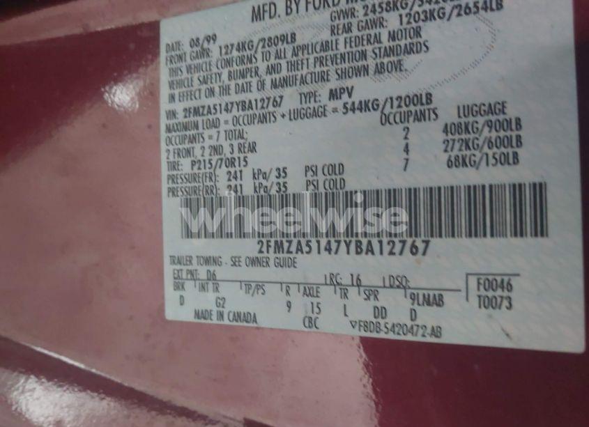 Photo 9 of 2000 Ford Windstar LX (VIN 2FMZA5147YBA12767)