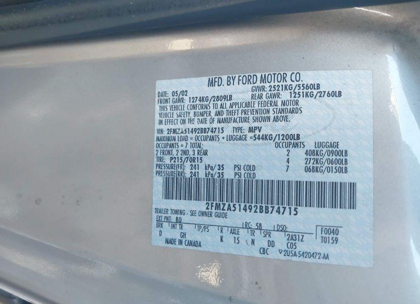 Photo 9 of 2002 Ford Windstar LX (VIN 2FMZA51492BB74715)