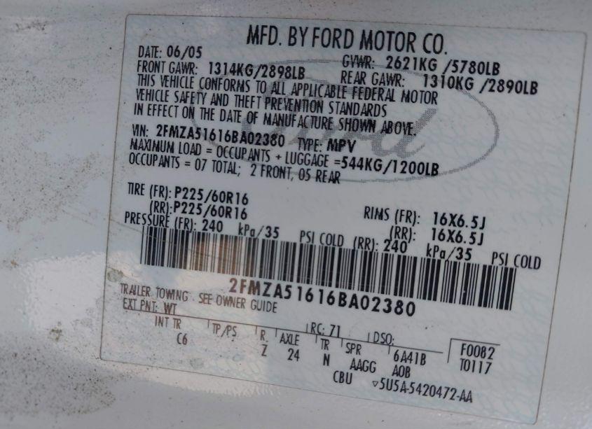 Photo 9 of 2006 Ford Freestar SE (VIN 2FMZA51616BA02380)