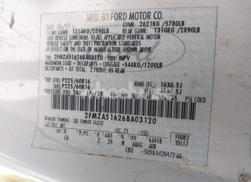 Photo 9 of 2006 Ford Freestar SE (VIN 2FMZA51626BA03120)