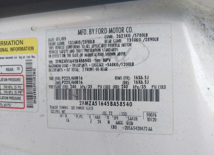 Photo 9 of 2005 Ford Freestar SE (VIN 2FMZA51645BA58540)