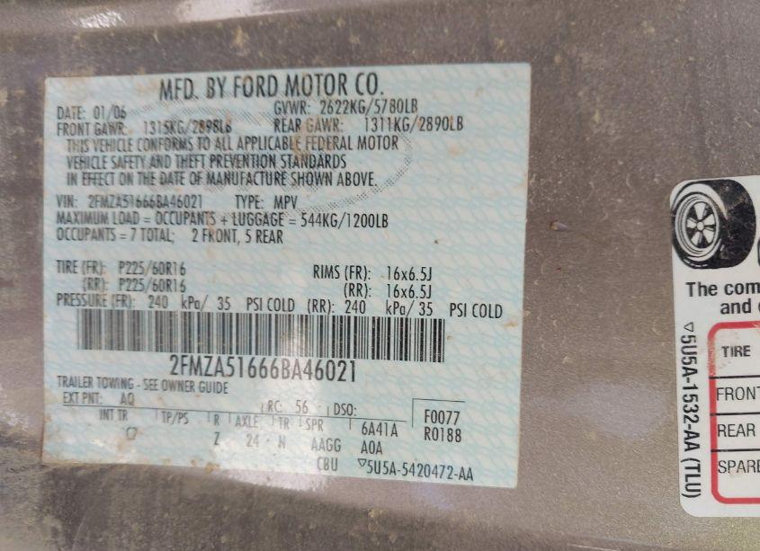 Photo 9 of 2006 Ford Freestar SE (VIN 2FMZA51666BA46021)