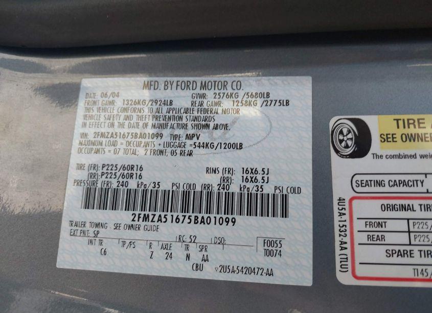 Photo 9 of 2005 Ford Freestar SE (VIN 2FMZA51675BA01099)