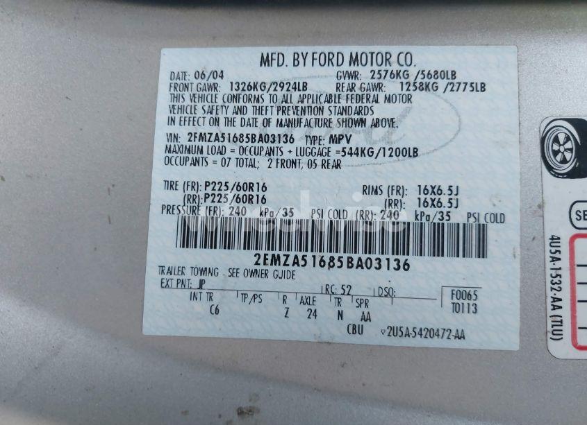 Photo 9 of 2005 Ford Freestar SE (VIN 2FMZA51685BA03136)