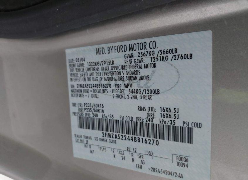 Photo 9 of 2004 Ford Freestar SEL (VIN 2FMZA52244BB16270)