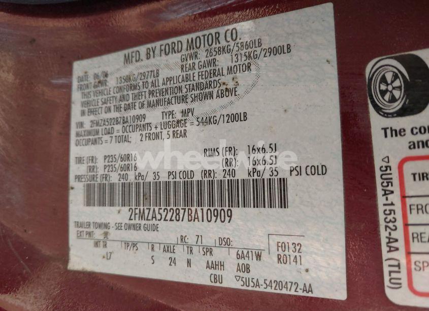 Photo 9 of 2007 Ford Freestar SEL (VIN 2FMZA52287BA10909)