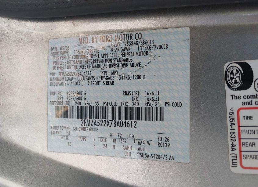 Photo 9 of 2007 Ford Freestar SEL (VIN 2FMZA522X7BA04612)