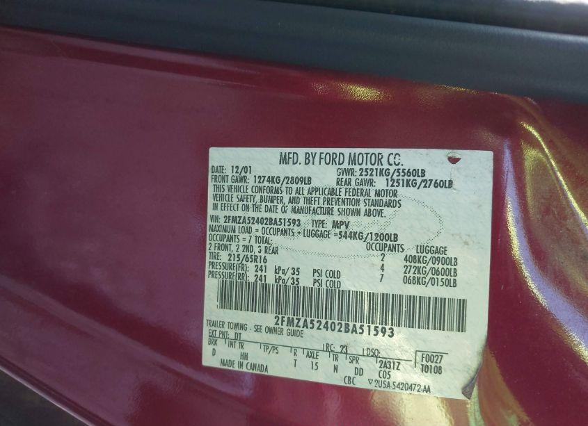 Photo 9 of 2002 Ford Windstar SE (VIN 2FMZA52402BA51593)