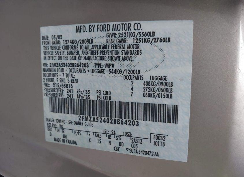 Photo 9 of 2002 Ford Windstar SE (VIN 2FMZA52402BB64203)