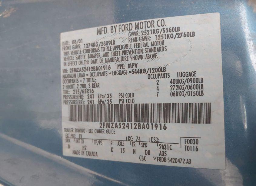 Photo 9 of 2002 Ford Windstar SE (VIN 2FMZA52412BA01916)