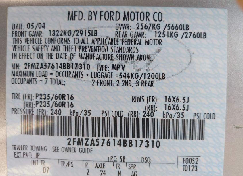 Photo 9 of 2004 Ford Freestar SES (VIN 2FMZA57614BB17310)