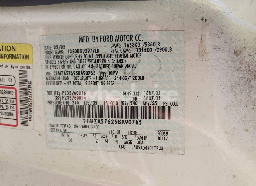 Photo 9 of 2005 Ford Freestar SES (VIN 2FMZA57625BA90765)