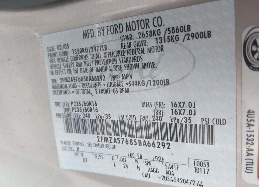 Photo 9 of 2005 Ford Freestar SES (VIN 2FMZA57685BA66292)