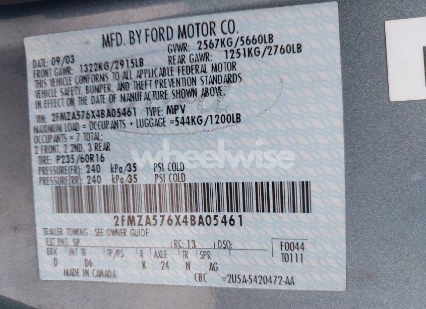 Photo 9 of 2004 Ford Freestar SES (VIN 2FMZA576X4BA05461)