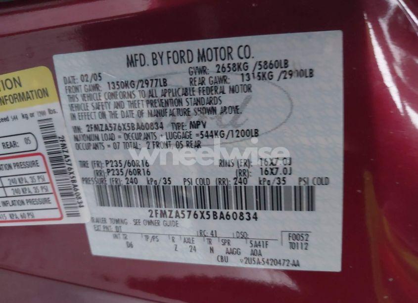 Photo 9 of 2005 Ford Freestar SES (VIN 2FMZA576X5BA60834)