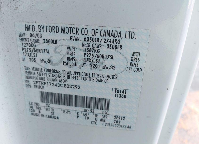 Photo 9 of 2003 Ford F-150 XL/XLT (VIN 2FTRF17243CB03292)