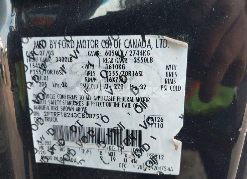 Photo 9 of 2003 Ford F-150 XL/XLT (VIN 2FTRF18243CB08751)