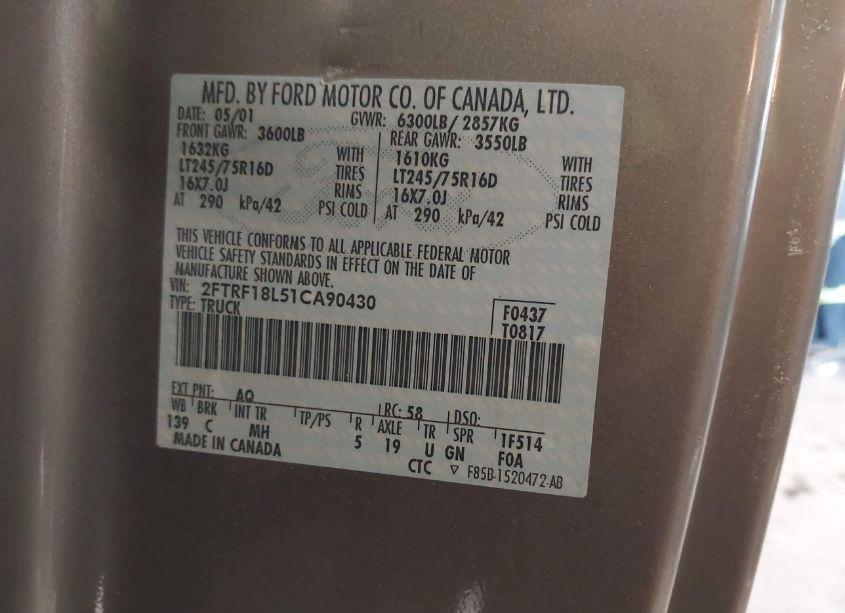 Photo 9 of 2001 Ford F-150 XL/XLT (VIN 2FTRF18L51CA90430)