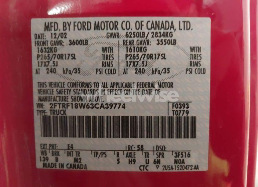 Photo 9 of 2003 Ford F-150 XL/XLT (VIN 2FTRF18W63CA39774)