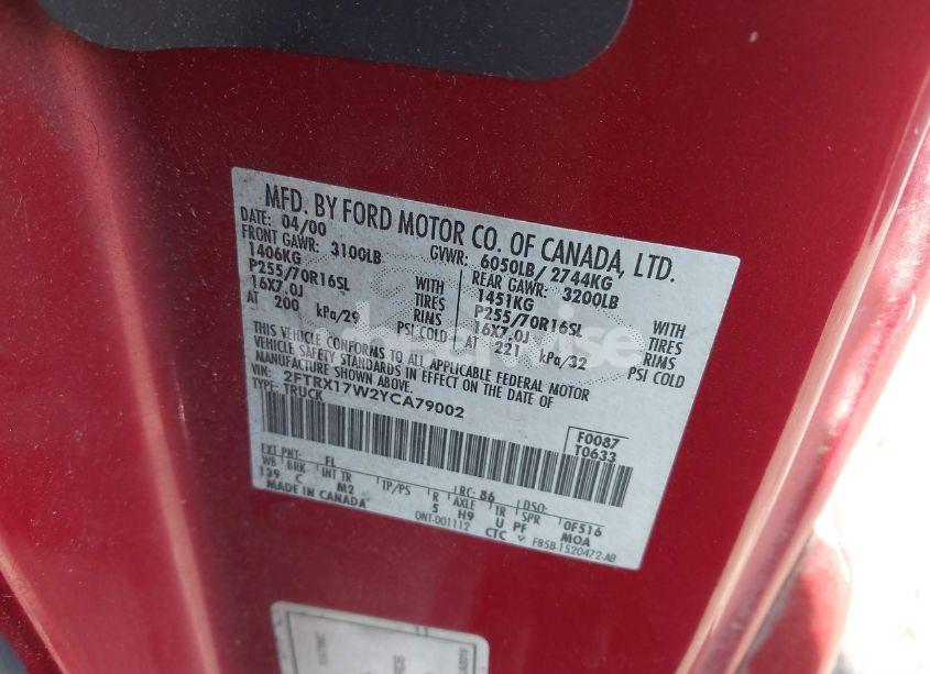 Photo 9 of 2000 Ford F-150 LARIAT/WORK SERIES/XL/XLT (VIN 2FTRX17W2YCA79002)